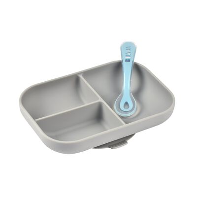 Set repas Silicone - Assiette compartimentée et cuillère 2ème âge Gris