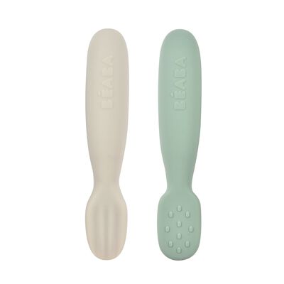 Lot 2 pré-cuillères d'apprentissage silicone Vert sauge/Gris velours