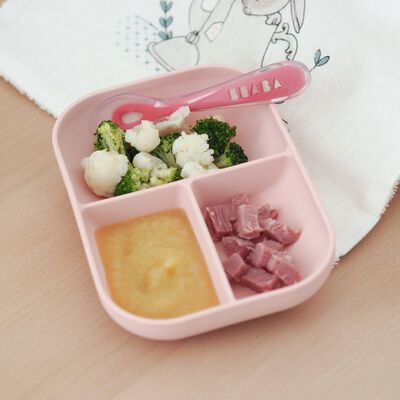 Set repas Silicone - Assiette compartimentée et cuillère 2ème âge Rose